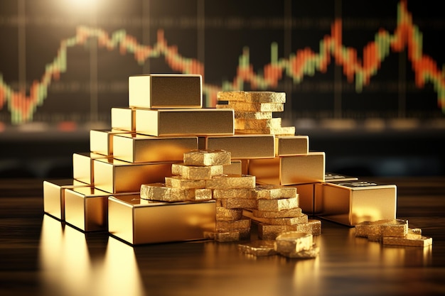 Złote sztabki na wykresie akcji z wykresami cen Złote monety giełda papierów wartościowych rynek akcji aktywny handel forex kryptowaluta analityka cyber wykres operacje bitcoin sprzedaż marketing dane finansowe