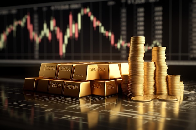 Złote sztabki na wykresie akcji z wykresami cen Złote monety giełda papierów wartościowych rynek akcji aktywny handel forex kryptowaluta analityka cyber wykres operacje bitcoin sprzedaż marketing dane finansowe