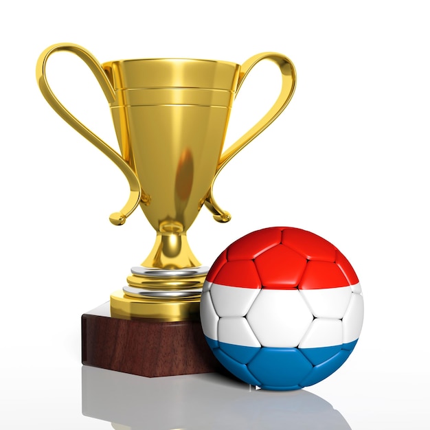 Złote trofeum i piłka z flagą Holandii na białym tle