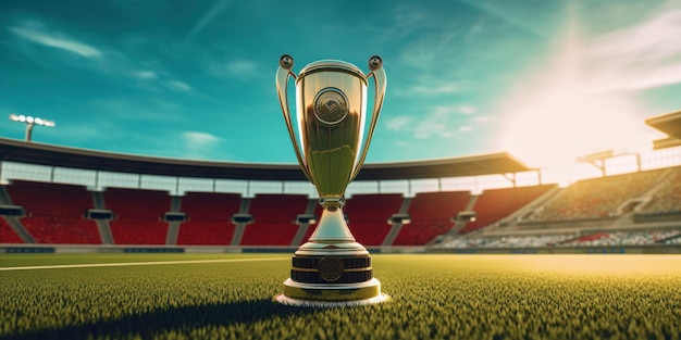 Złote trofeum na zielonym stadionie piłkarskim Puchar mistrzów zawodów sportowych Generacyjna sztuczna inteligencja