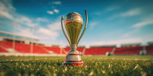 Złote trofeum na zielonym stadionie piłkarskim Puchar mistrzów zawodów sportowych Generacyjna sztuczna inteligencja