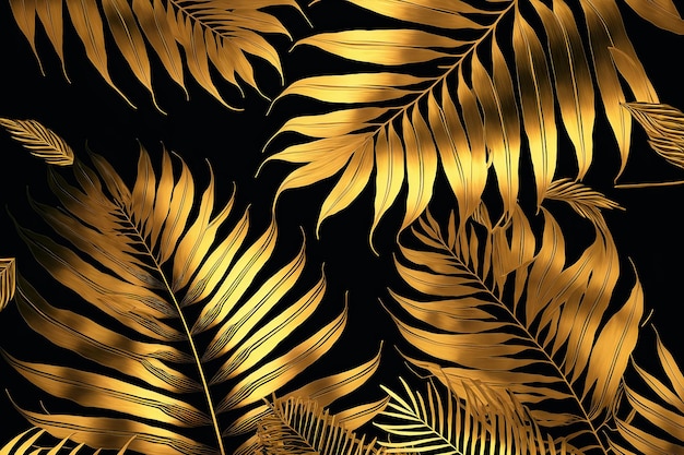 Złote tropikalne liście wzorzyste tło. Wygenerowane przez sztuczną inteligencję