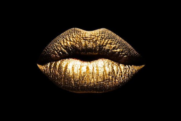 Złote usta na białym tle na czarnym tle ścieżka przycinająca pozłacane usta luksusowy seksowny sztuka usta