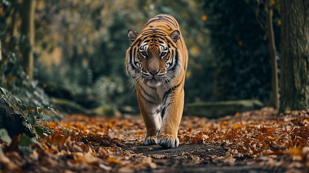Złote Wysokości Tygrys wędruje przez jesienny zaklęty las