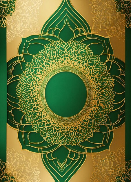 Zdjęcie złote zielone mandale na tle z wizytówką ślubną islamski arabski wzór kwiatowy