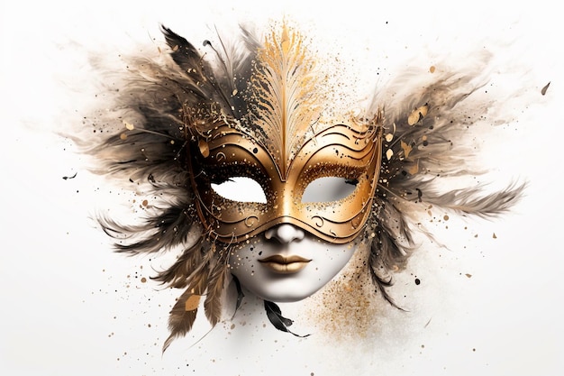 Złoto-czarna maska karnawałowa z piórami i złotymi piórami.