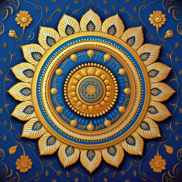 złoto-niebieski wzór kwiatowy pokazano pośrodku niebiesko-złotego koła