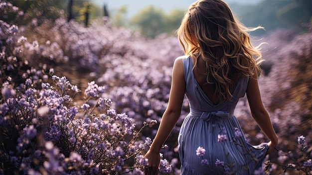Złotowłosa dama otoczona promieniującymi kwiatami pod czystym błękitnym niebem uosabiającą splendor natury i nieziemską łaskę