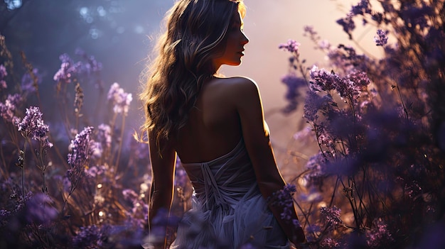Złotowłosa dama otoczona promieniującymi kwiatami pod czystym błękitnym niebem uosabiającą splendor natury i nieziemską łaskę
