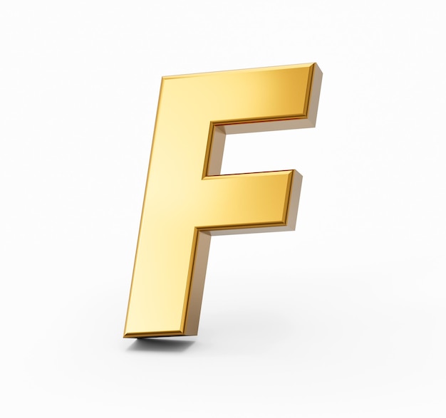 Zdjęcie złoty alfabet f na białym tle na białym tle 3d złote litery cyfry ilustracja 3d