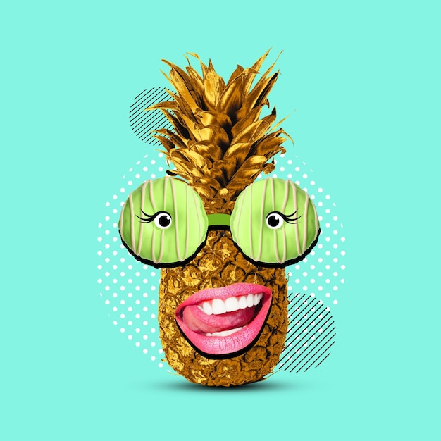 Złoty ananas z okularami pączka uśmiecha się na kolorowym tle Koncepcja strony letniej Jasny projekt kreatywnego kolażu