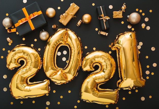 Złoty Balon 2021 Z Konfetti, Pudełka Na Prezenty, Złote Kule, Dekoracje świąteczne. Nowy Rok