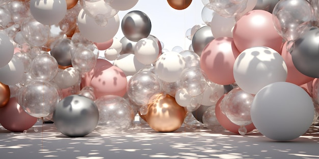 Złoty balon Abstrakt pływające błyszczące kulki balon lub kolorowe szklane kulki na niebie renderowanie 3d