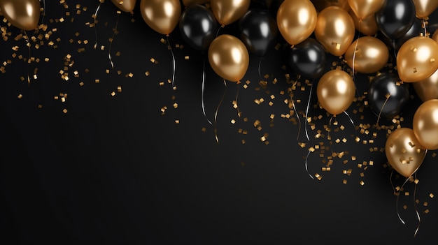 Złoty balon i konfetti foliowe spadające na czarnym tle