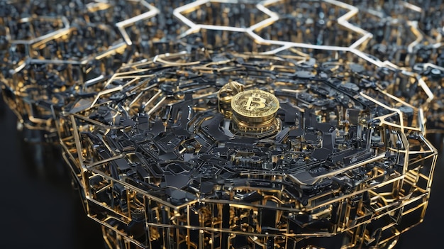 Zdjęcie złoty bitcoin otoczony czarnymi i złotymi sześciokątami