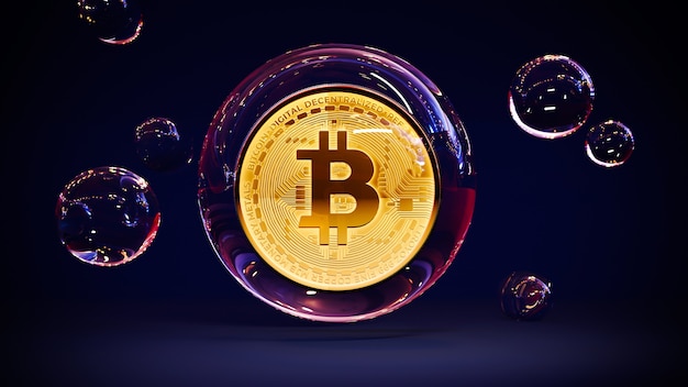 Złoty bitcoin w bańce. Koncepcja upadku kryptowaluty.