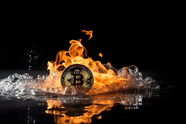 Złoty bitcoin w ogniu odizolowany na czarnym tle