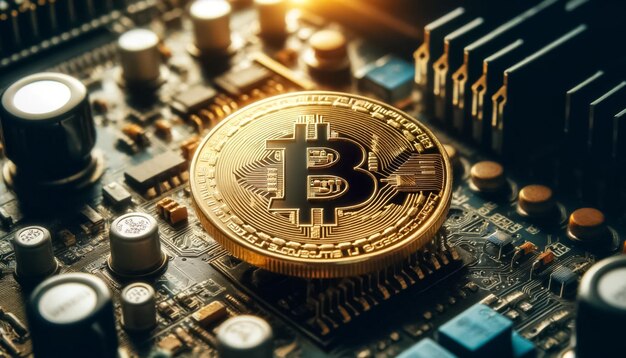 Złoty bitcoin w ostrości na tle gobelinu technologii