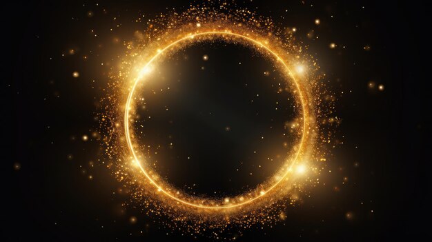 Złoty błyszczący krąg emitujący światło błyszczące błyskotkami i złotymi cząstkami w okrągłej ramie na czarnym tle