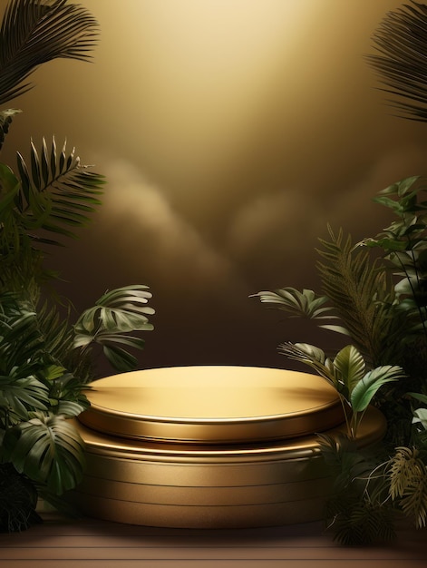 Złoty błyszczący podium w lesie tropikalnym do prezentacji produktów narażonych na naturalne światło słoneczne