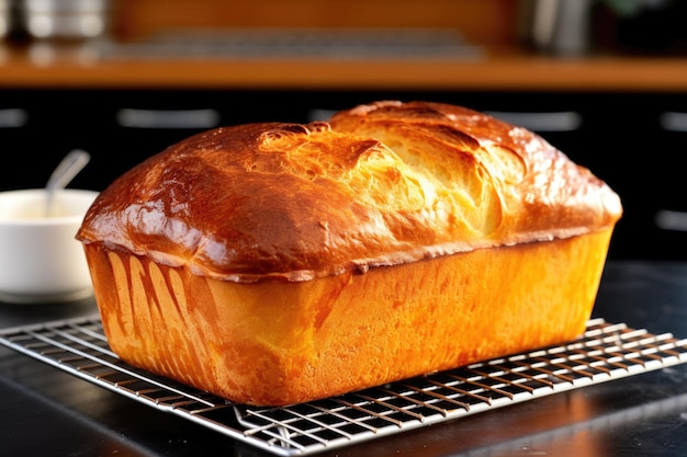 Złoty bochenek chleba, świeży z piekarnika na stojaku chłodzącym
