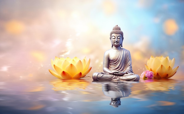 Złoty Budda świeci spokojnie na wodzie