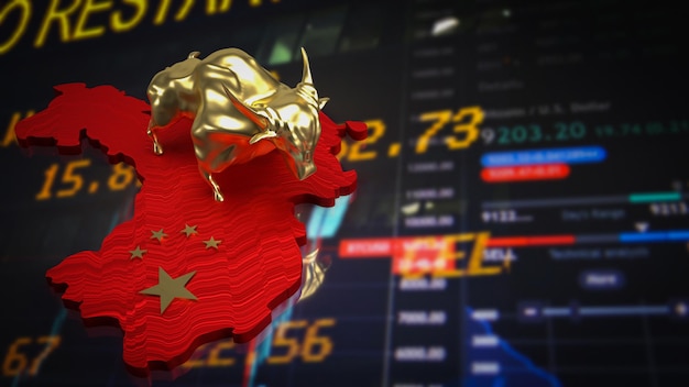 Złoty byk na chińskiej mapie dla koncepcji biznesowej renderowania 3d