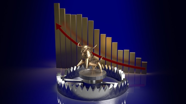 Złoty byk w pułapce i strzałka wykresu w górę dla koncepcji biznesowej renderowania 3d