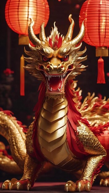 Złoty chiński smok z papierowymi latarniami na czerwieni