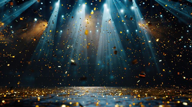 Złoty deszcz konfetti na pustej scenie z ceremonią wręczenia nagrody Light Beam Copy Space Spotlight Shiny