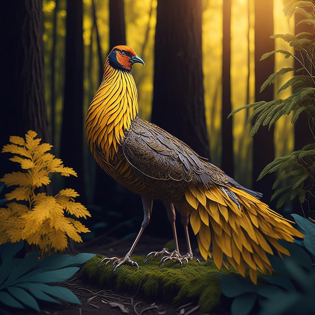 Złoty fazan stojący majestatycznie na oświeconym słońcem leśnym łące