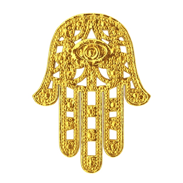 Złoty Hamsa, Ręka Fatimy Amulet Symbol Na Białym Tle. Renderowanie 3d