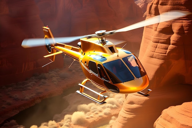 Złoty helikopter leci w kanionie.