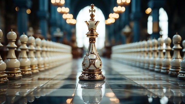 złoty i biały królewski kawałek szachowy na marmurowej podłodze