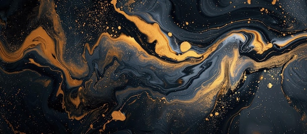 Złoty i czarny marmur z artystycznym wzorem farby, teksturą atramentu, akwarelowym tłem, wygenerowanym przez AI obrazem