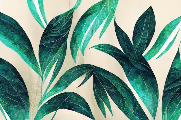 Złoty i zielony wzór liści tropikalnych na szorstkiej beżowej tkaninie zbliżenie Liście palmowe złoto czarny Egzotyczny wystrój materiału do szycia Kwiatowy styl grafika 3d
