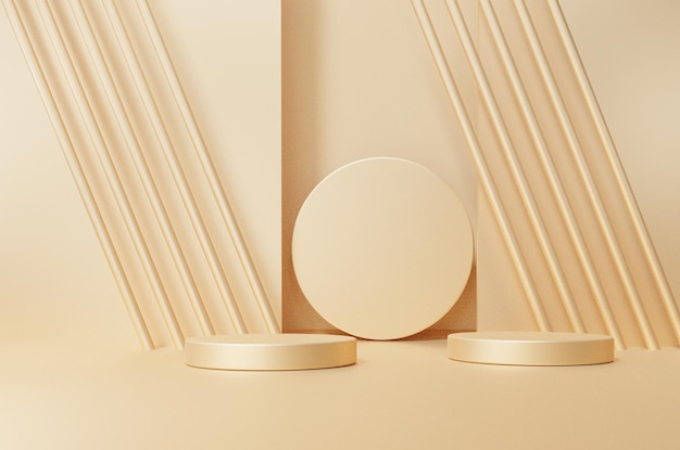 Złoty Kolor Tła 3d Z Geometrycznymi Kształtami Cokołu Na Dwóch Piętrach Wyświetla Gradient Od Małej Do Dużej Platformy Do Prezentacji Produktów Prezentuje Przestrzeń Do Kopiowania Kosmetyków