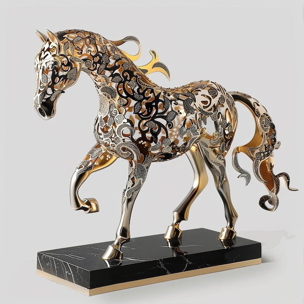 Złoty koń z złotą grzywą jest na czarnym piedestale.