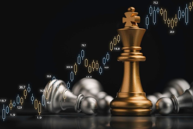 Złoty król stojący i srebrne szachy pionkowe spadające z wykresem wykresu giełdowego dla koncepcji strategii analizy biznesowej