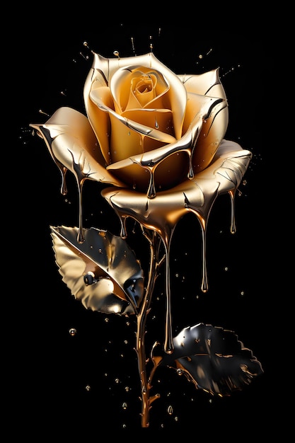 Złoty kwiat róży z rozpryskami farby na czarnym Złoty kwiat róży Artystyczne malowanie ram ściennych