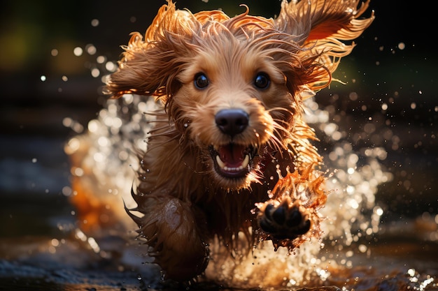 Złoty labradoodle skaczący, by chwycić frisbee.