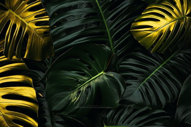 Złoty liść palmowy i zielona świeżo pomalowana tropikalna monstera pozostawiają teksturę na ciemnym czarnym tle