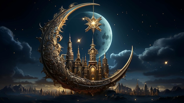Zdjęcie złoty meczet 3d z półksiężycem i gwiazdą na niebieskim tle