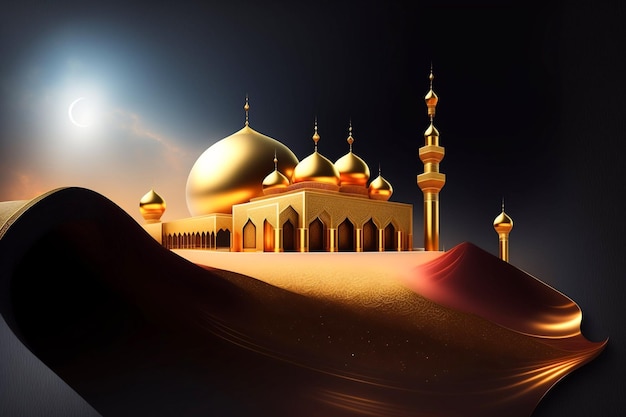Złoty meczet na pustyni z księżycem za nim.