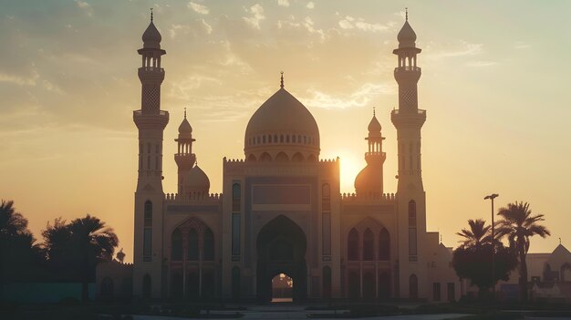 Złoty meczet przy zachodzie słońca z palmami