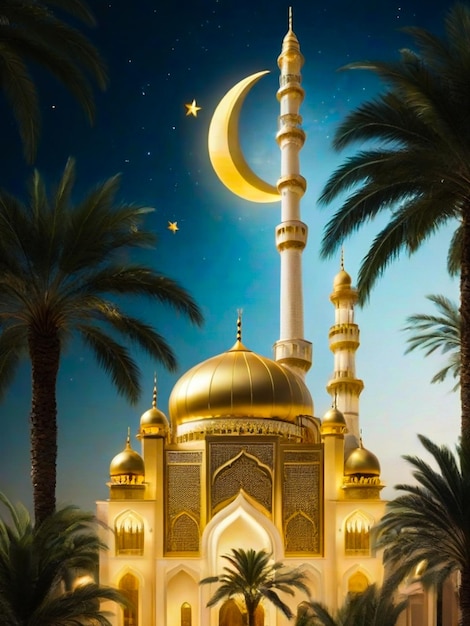 Złoty meczet Ramadanu i palma i półksiężyc