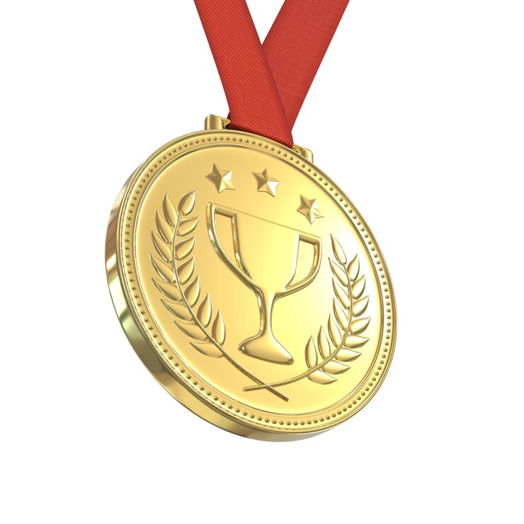 Zdjęcie złoty medal na czerwoną wstążką, na białym tle