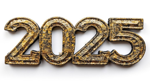 Zdjęcie złoty metaliczny symbol nowego roku 2025 izolowany na białym tle w nowoczesnym minimalistycznym stylu