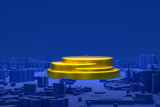 Złoty Minimalny Wyświetlacz Na Podium Lub Cokole Na Niebieskim Tle Mapy Budynków Miasta Renderowania 3d Do Prezentacji Produktów Kosmetycznych