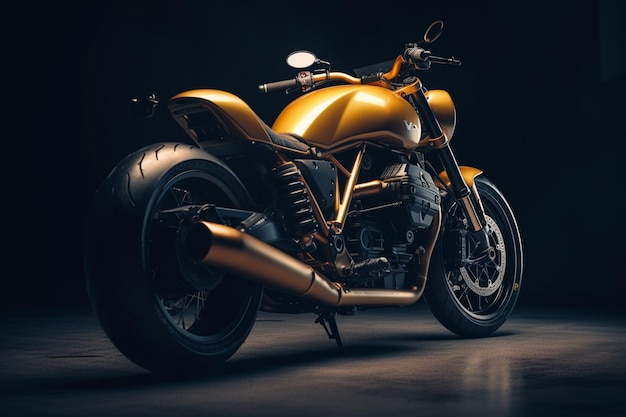 Złoty motocykl ducati jest na ciemnym tle.